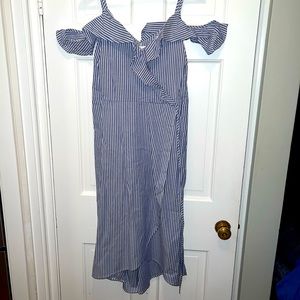 Off-the-Shoulder Blue and White Stripped Faux Wrap Dress